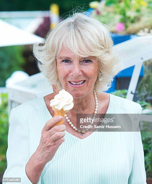 Camilla, Duchess of Cornwall tries an ice cream as she vists at The Hampton Court Flower Show at Hampton Court Palace on July 1, 2015 in London,...