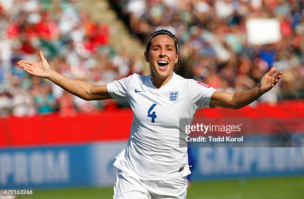 Fara Williams of England celebrates her penalty kick goal during the FIFA Women's World Cup Canada Semi Final match between England and Japan at...