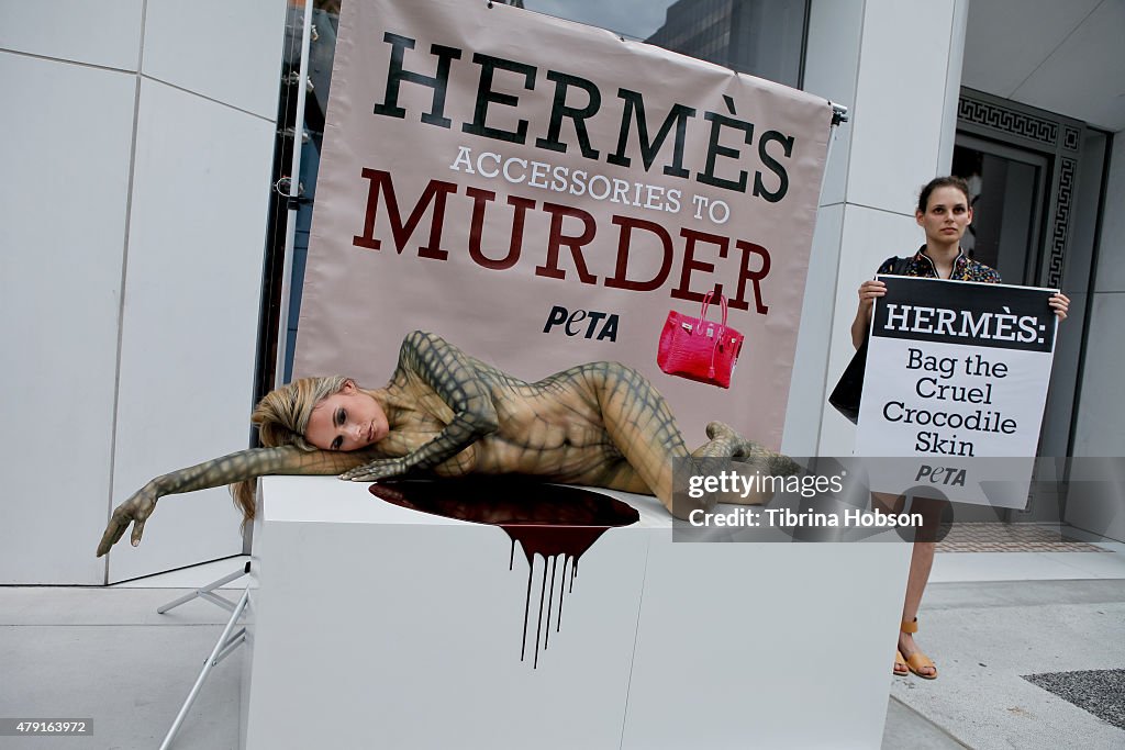 A general view of the bloody PETA reptile protest at Hermes