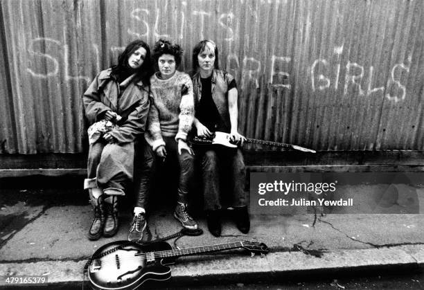 Members of British punk group The Slits, minus a bass player, in Daventry Street London, NW1, 1977. Left to right: singer Ari Up , drummer Palmolive...