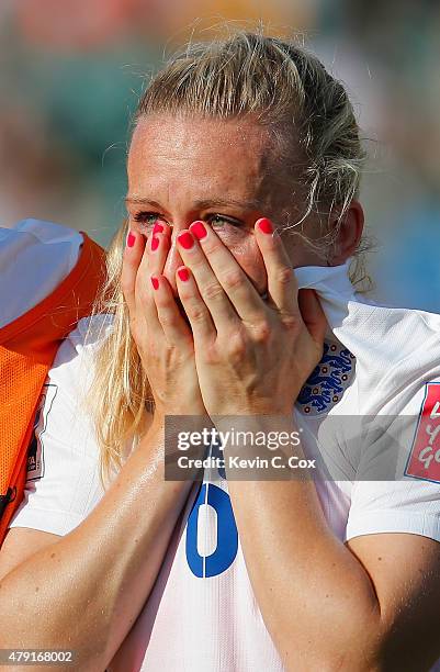 Laura Bassett of England is dejected after the FIFA Women's World Cup Semi Final match between Japan and England at the Commonwealth Stadium on July...