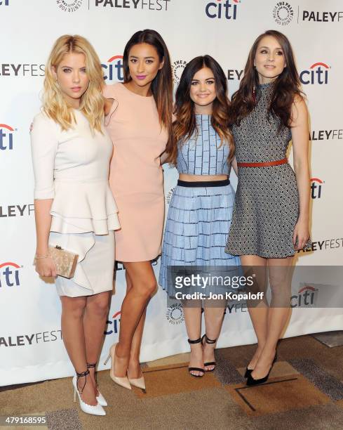 Ashley Benson, Shay Mitchell, Lucy Hale and Troian Bellisario arrive at the 2014 PaleyFest "Pretty Little Liars at Dolby Theatre on March 16, 2014 in...