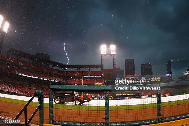 Thunderstorm moves in over St. Louis prior to an interleague game between the St. Louis Cardinals and the Chicago White Sox at Busch Stadium on July...