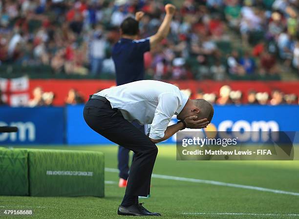 Mark Sampson of England looks on, after his team lost to Japan during the FIFA Women's World Cup 2015 Semi Final match between Japan and England at...