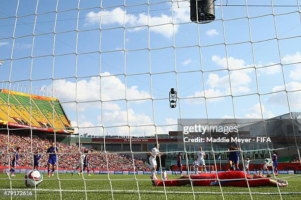 Ayumi Kaihori of Japan reacts after Fara Williams of England scored a penalty kick goal against her during the FIFA Women's World Cup Canada 2015...