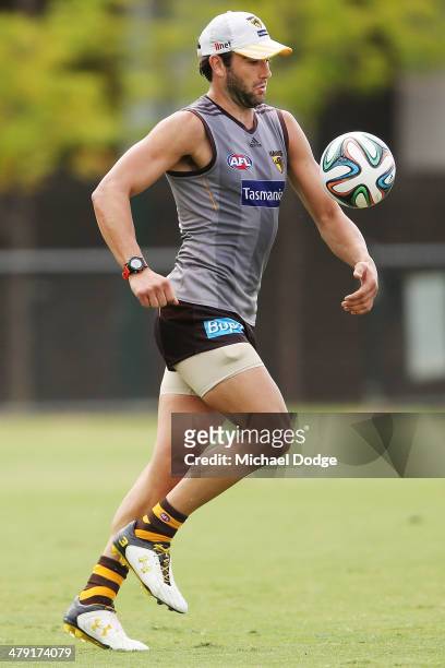 Jordan Lewis plays with a soccer ball during a Hawthorn Hawks AFL training session at Waverley Park on March 17, 2014 in Melbourne, Australia.