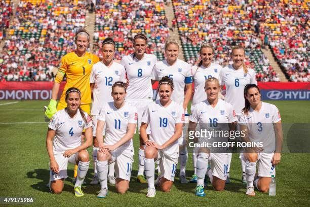 England's starting 11 pose before their semifinal match against Japan at the FIFA Women's World Cup at Commonwealth Stadium in Edmonton, Canada on...