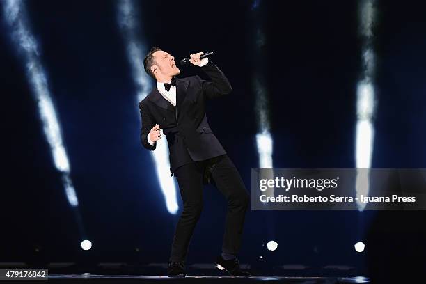 Italian musician and author Tiziano Ferro performs at Renato Dall'Ara Stadium on July 1, 2015 in Bologna, Italy.