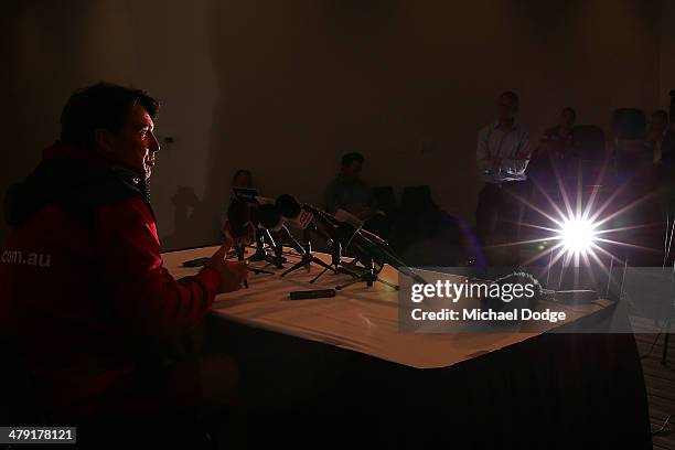 Coach Paul Roos speaks to the media during a Melbourne Demons AFL media session at AAMI Park on March 17, 2014 in Melbourne, Australia.