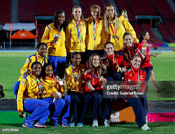 Team Colombia, team Brazil and team Chile in the podium of Women's 4x400 relaly on day ten of the X South American Games Santiago 2014 at Estadio...