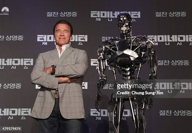Arnold Schwarzenegger attends the Seoul Press Conference of "Terminator Genisys" at the Ritz Carlton Hotel on July 2, 2015 in Seoul, South Korea.