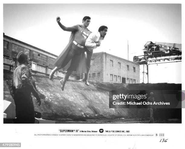 Actors Christopher Reeve and Richard Pryor in a scene from the Warner Bros. Movie "Superman III" circa 1983.