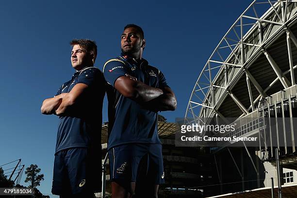 Drew Mitchell of the Wallabies and Taqele Naiyaravoro of the Wallabies pose during the Australian Wallabies squad announcement at ANZ Stadium on July...