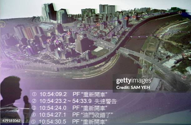The shadow of Thomas Wang, head of Taiwan's Aviation Safety Council, is pictured on a graphic showing the flight path of TransAsia Airways Flight...