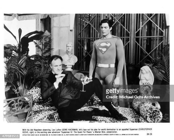 Actors Gene Hackman and Christopher Reeve in a scene from the Warner Bros. Movie "Superman IV: The Quest for Peace" circa 1987.