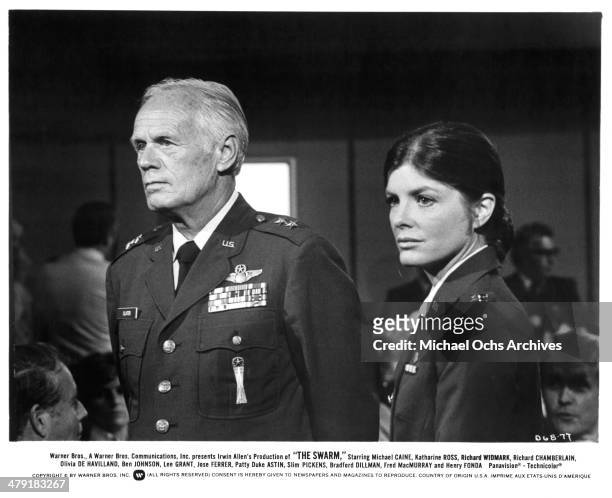 Actor Richard Widmark and actress Katharine Ross in a scene from the Warner Bros. Movie "The Swarm" circa 1978.