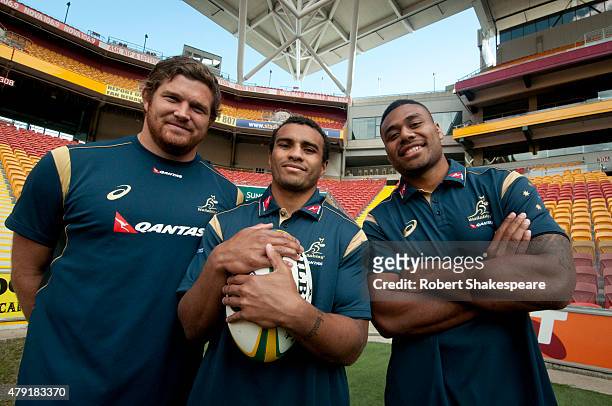 Greg Holmes, Will Genia and Samu Kerevi of Wallabies during the Australian Wallabies squad announcement on July 2, 2015 in Brisbane, Australia.