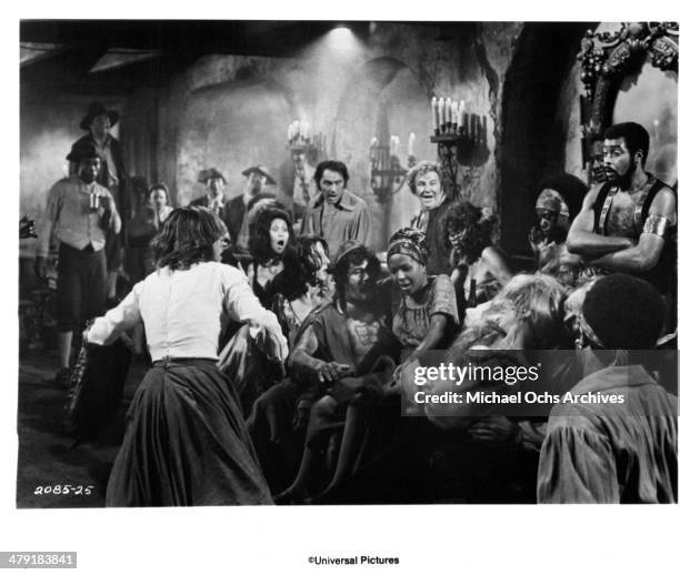 Actress Genevieve Bujold and Lee Pulford and actor James Earl Jones in a scene from the Universal Pictures movie "Swashbuckler" circa 1976.