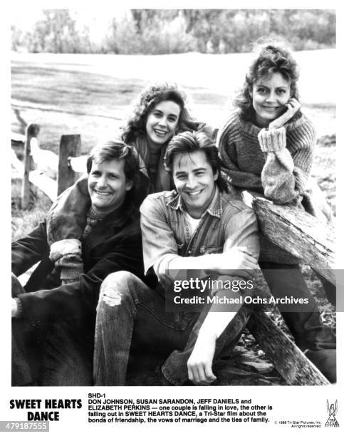 Actor Jeff Daniels, Elizabeth Perkins, Don Johnson and Susan Sarandon pose in a scene from the the movie "Sweet Hearts Dance" circa 1988.