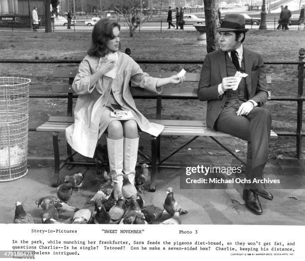 Actress Sandy Dennis sits on a bench in a scene from the Warner Bros. Movie "Sweet November" circa 1968.