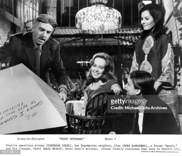 Actor Theodore Bikel, actress Sandy Dennis, actor Burr DeBenning and actress Marj Dusay in a scene from the Warner Bros. Movie "Sweet November" circa...