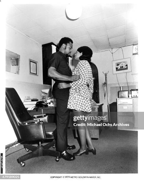 Actor Roger E. Mosley and actress Patricia Edwards in a scene from the MGM movie "Sweet Jesus, Preacherman" circa 1973.