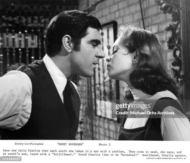 Actor Anthony Newley and actress Sandy Dennis kiss in a scene of the Warner Bros. Movie "Sweet November" circa 1968.