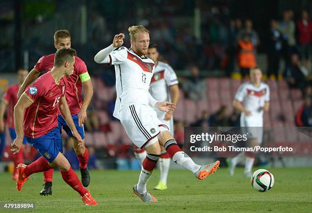 Philipp Hofmann in action for Germany during the UEFA European Under-21 Group A match between Germany and Serbia at Letna Stadium on June 17, 2015 in...