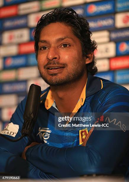 Kumar Sangakkara of Sri Lanka talks to the media during an Sri Lanka press Conference at the Pan Pacific Sonargaon Hotel ahead of the ICC World...