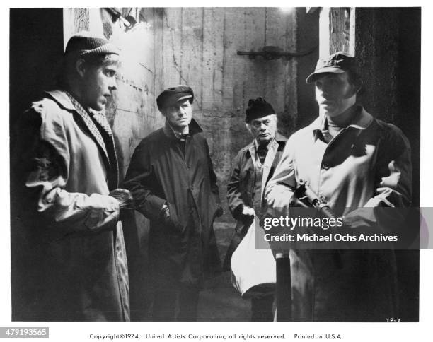 Actors Earl Hindman, Robert Shaw, Martin Balsam and Hector Elizondo in a scene from the movie "The Taking of Pelham One Two Three" circa 1974.