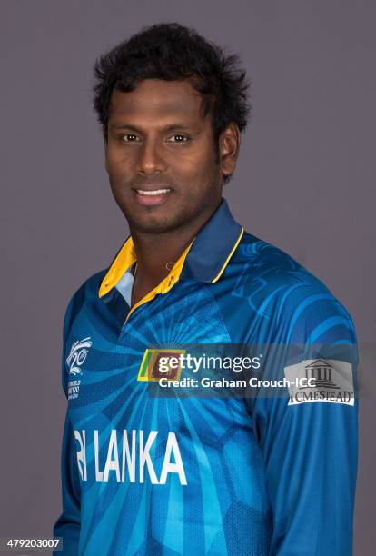 Angelo Mathews of Sri Lanka at the headshot session at the Pan Pacific Hotel, Dhaka in the lead up to the ICC World Twenty20 Bangladesh 2014 on March...