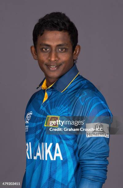 Ajantha Mendis of Sri Lanka at the headshot session at the Pan Pacific Hotel, Dhaka in the lead up to the ICC World Twenty20 Bangladesh 2014 on March...