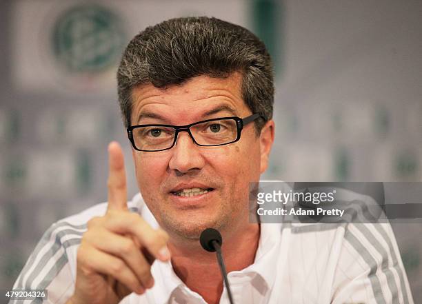 Herbert Fandel Head of the Commission of Bundesliga Referees speaks to the media during the Annual Referee Course press conference on July 2, 2015 in...
