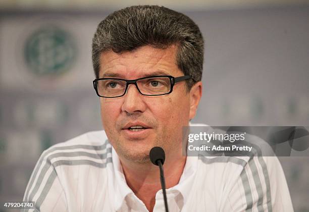 Herbert Fandel Head of the Commission of Bundesliga referees speaks to the media during the Annual Referee Course press conference on July 2, 2015 in...