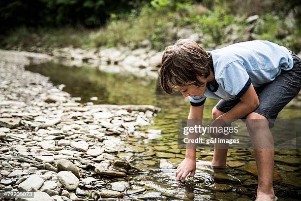 boy exploring in stream - ankle deep in water - fotografias e filmes do acervo