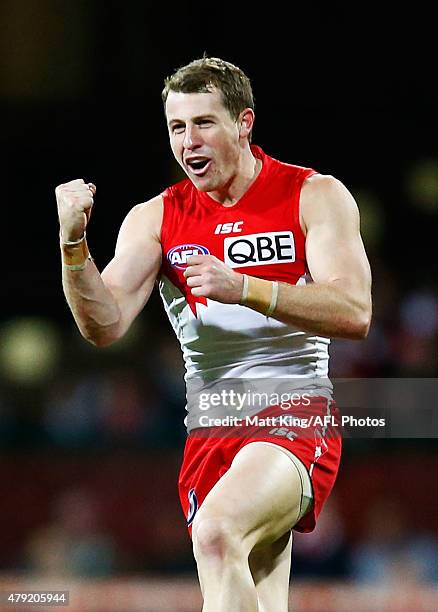 Harry Cunningham of the Swans celebrates a goal during the round 14 AFL match between the Sydney Swans and the Port Adelaide Power at SCG on July 2,...