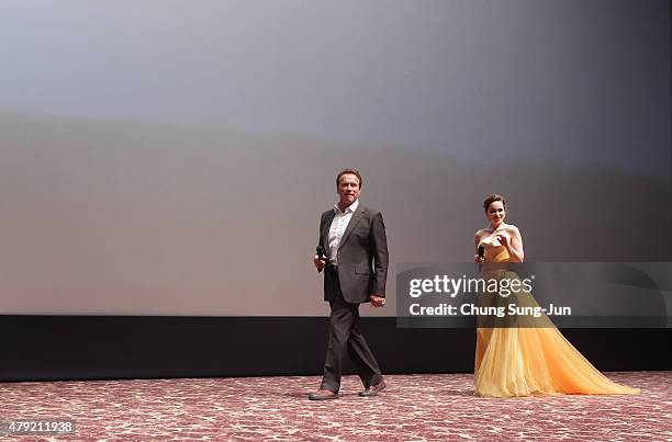 Arnold Schwarzenegger and Emilia Clarke attend the greeting to audience during the Seoul Premiere of 'Terminator Genisys' at the Lotte World Tower...