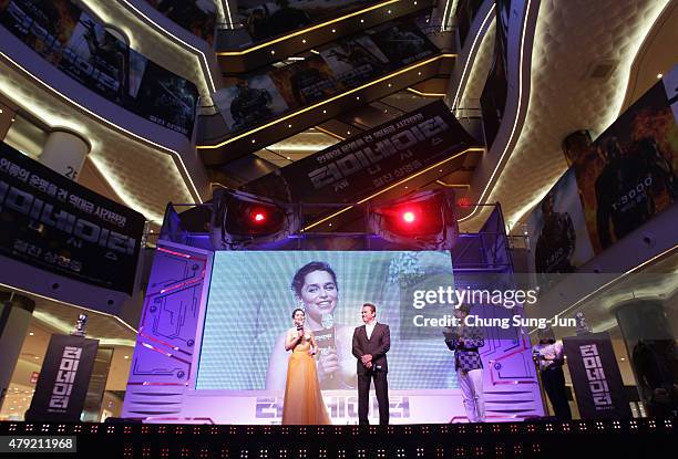 Arnold Schwarzenegger and Emilia Clarke attend the Seoul Premiere of 'Terminator Genisys' at the Lotte World Tower Mall on July 2, 2015 in Seoul,...