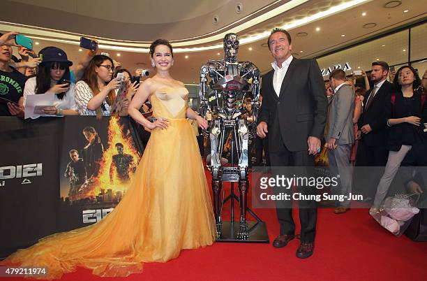 Arnold Schwarzenegger and Emilia Clarke attend the Seoul Premiere of 'Terminator Genisys' at the Lotte World Tower Mall on July 2, 2015 in Seoul,...