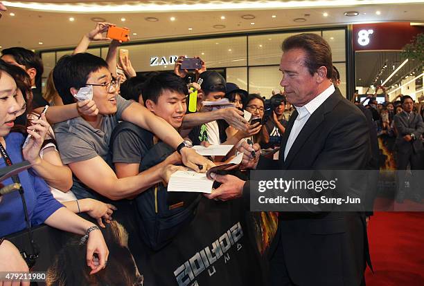 Arnold Schwarzenegger attends the Seoul Premiere of 'Terminator Genisys' at the Lotte World Tower Mall on July 2, 2015 in Seoul, South Korea.