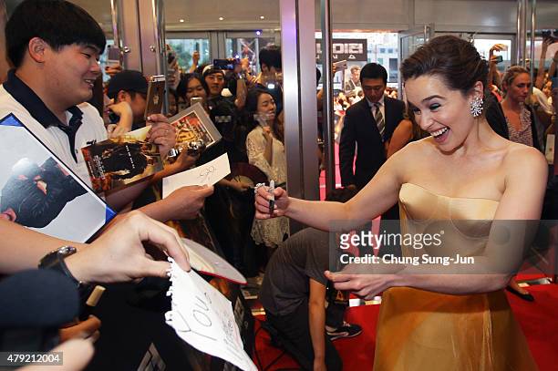 Emilia Clarke attends the Seoul Premiere of 'Terminator Genisys' at the Lotte World Tower Mall on July 2, 2015 in Seoul, South Korea.