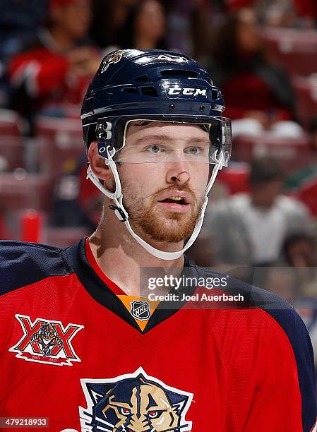 Colby Robak of the Florida Panthers skates towards the face-off circle against the New Jersey Devils at the BB&T Center on March 14, 2014 in Sunrise,...