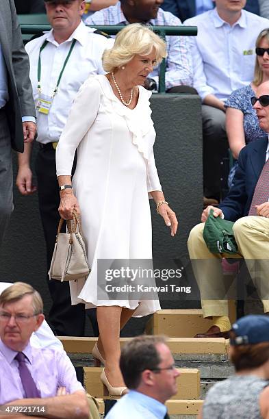 Camilla, Duchess of Cornwall attends the Christina McHale v Sabine Lisicki match on day four of the Wimbledon Tennis Championships at Wimbledon on...