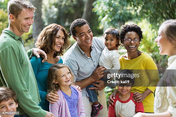 group with tour guide - child standing talking stockfoto's en -beelden