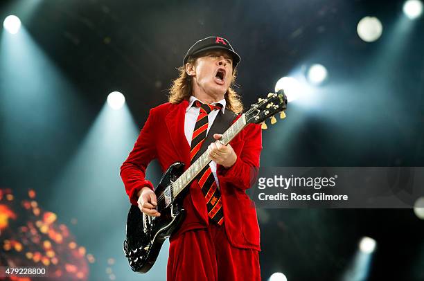 Guitarist Angus Young of the Australian band AC/DC performs at at Hampden Park National Stadium on June 28, 2015 in Glasgow, United Kingdom