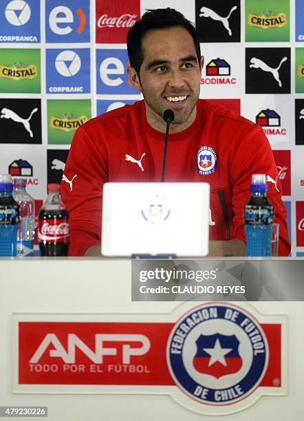 Chile's goalkeeper Claudio Bravo smiles during a press conference in Santiago, on 2 July, 2015. Chile will play the final of the 2015 Copa America...