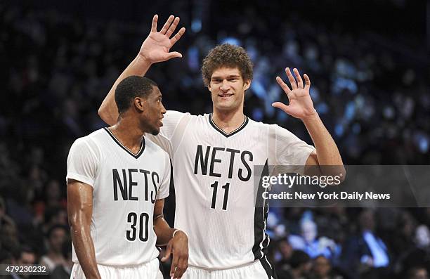 Brooklyn Nets forward Thaddeus Young and Brooklyn Nets center Brook Lopez 2nd quarter, Brooklyn Nets vs. Washington Wizards at Barclays Center....