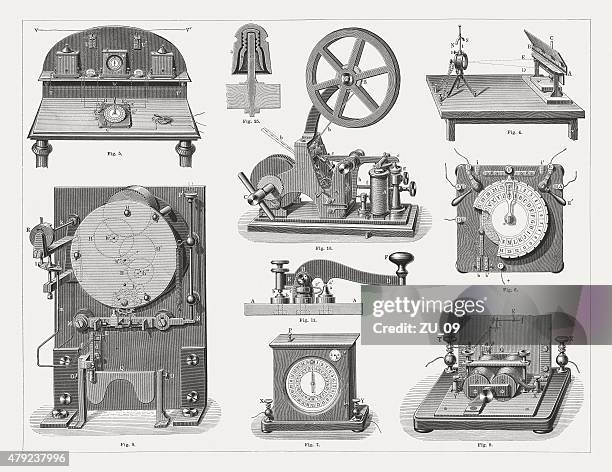 telegraphs, wood engravings, published in 1878 - morse code stock illustrations