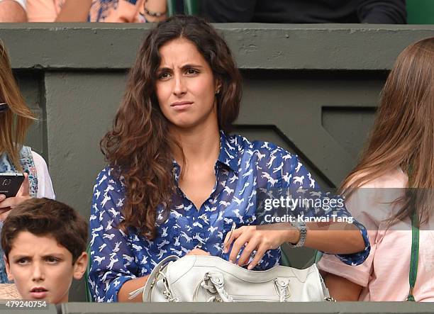 Xisca Perello attends the Dustin Brown v Rafael Nadal match on day four of the Wimbledon Tennis Championships at Wimbledon on July 2, 2015 in London,...