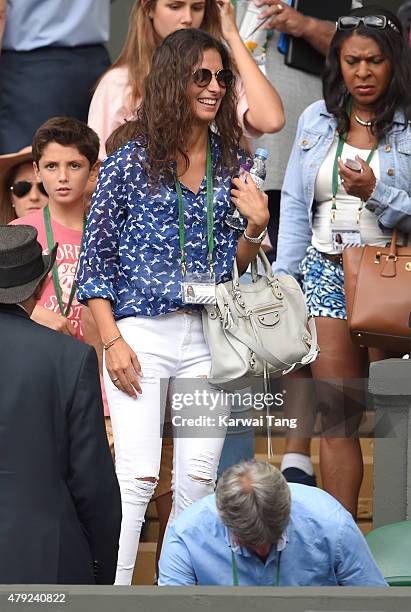 Xisca Perello attends the Dustin Brown v Rafael Nadal match on day four of the Wimbledon Tennis Championships at Wimbledon on July 2, 2015 in London,...